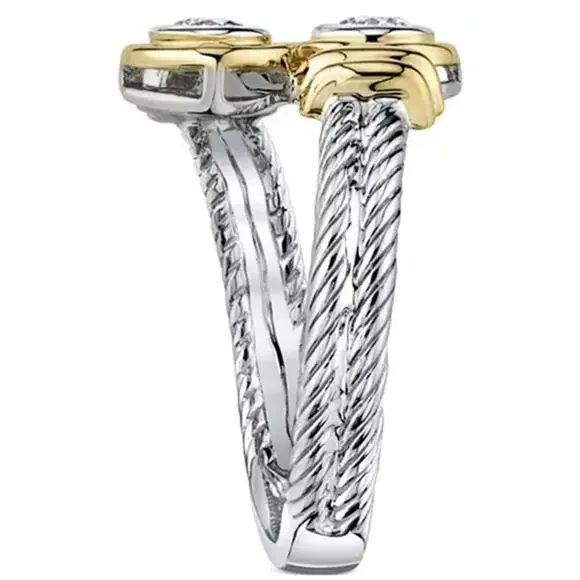 Two Tone Ring Silver Gold Tone Twisted Cable Band 2 Round Zircon Bypass Size 7 - Picture 5 of 8